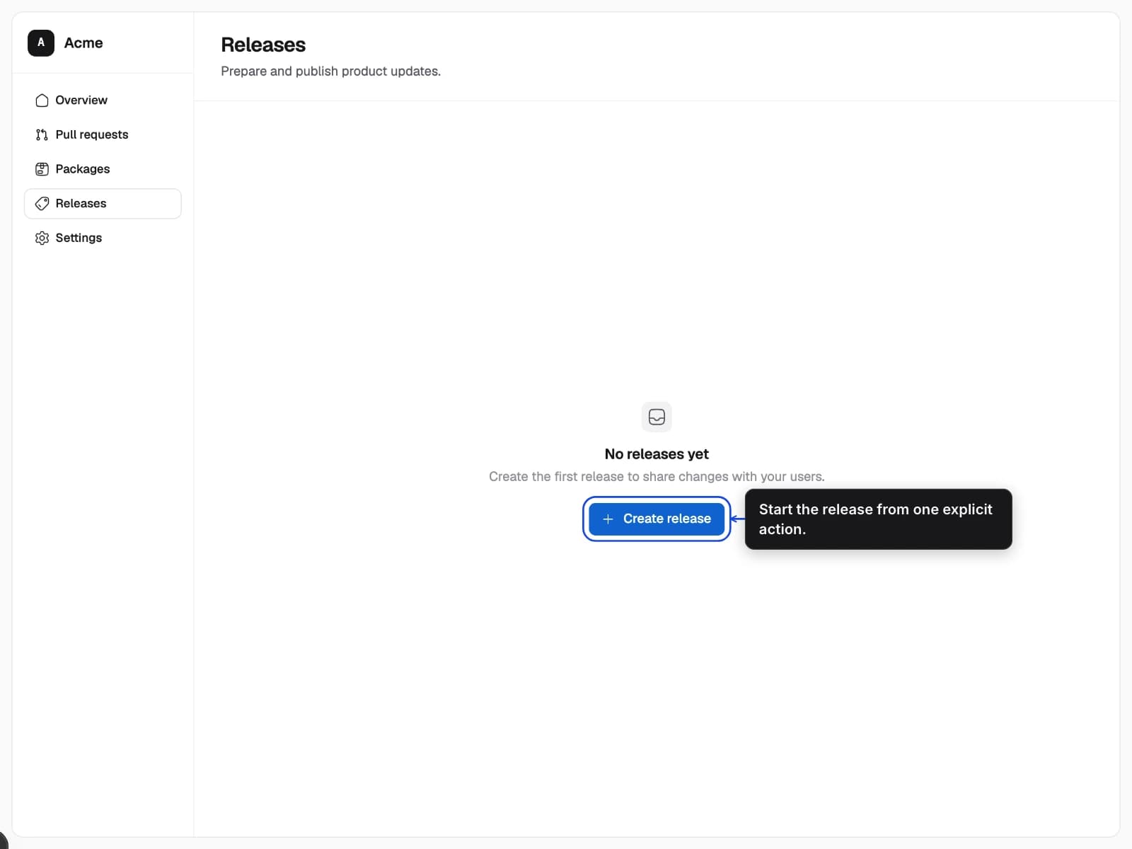 The empty Releases page with the Create release action highlighted.