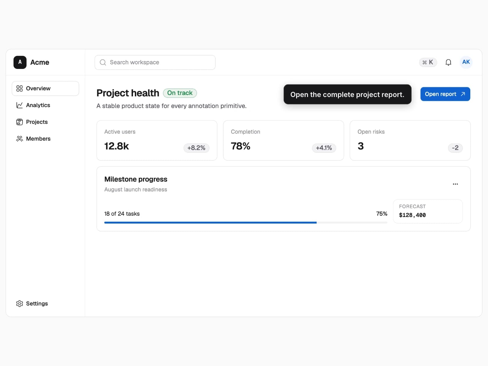 The project health dashboard with a callout beside the Open report action.