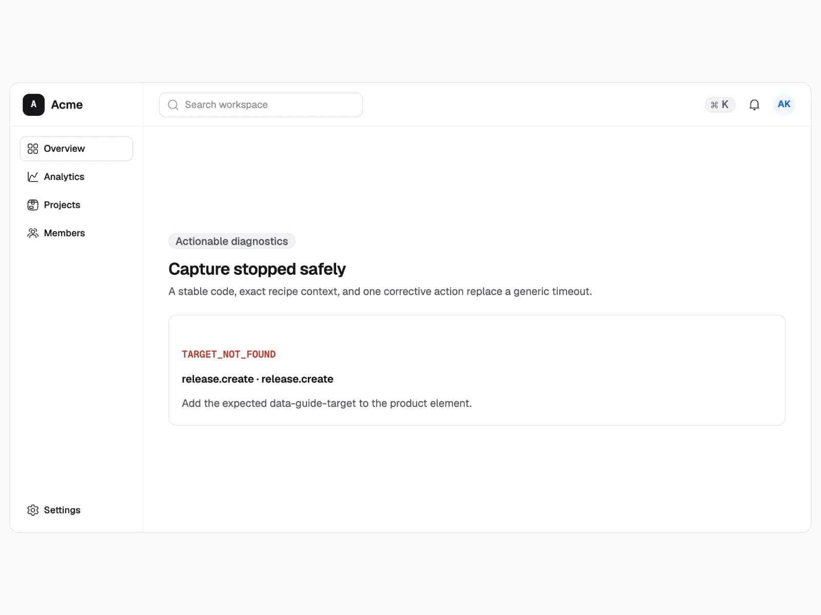 A GuideShot diagnostic with a stable code, recipe context, and corrective action.