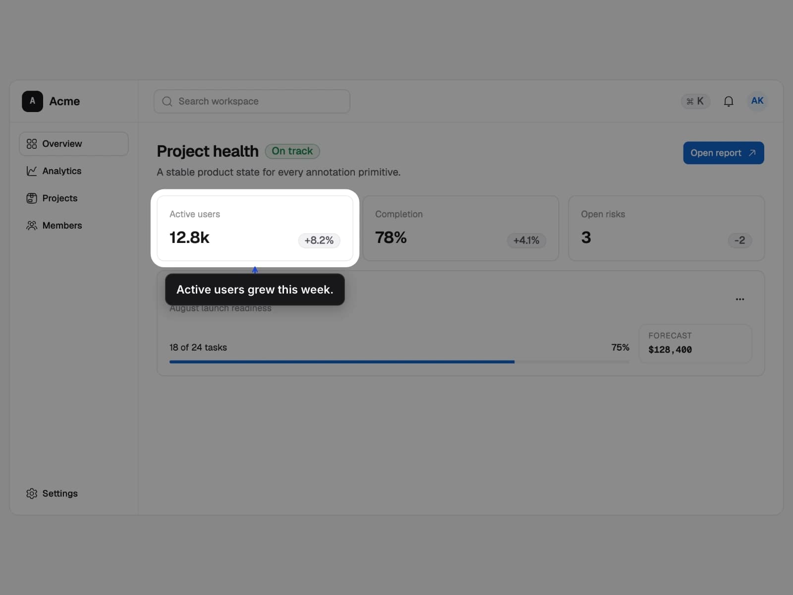 A project metric spotlighted behind a connected callout.