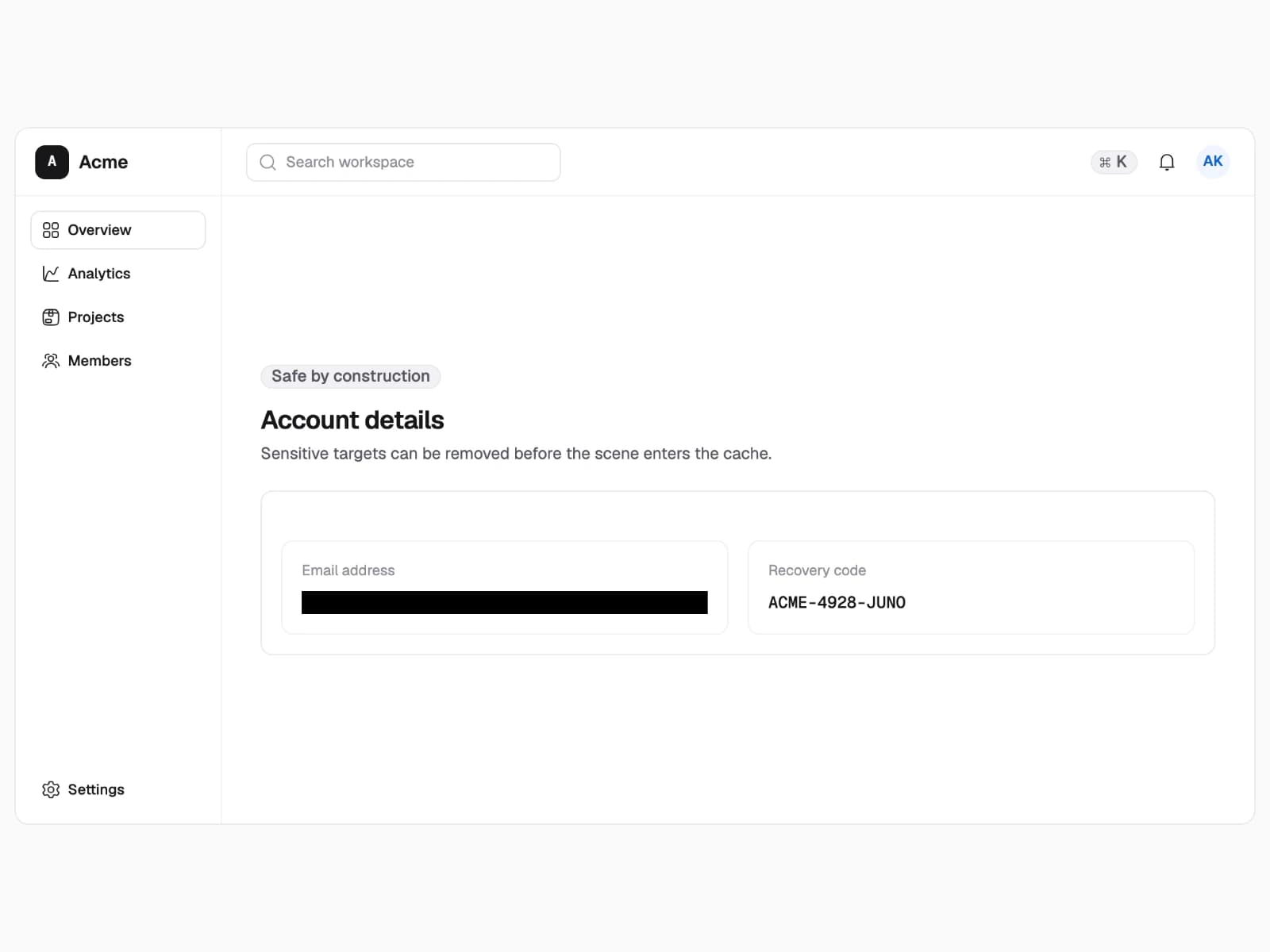 Account details with the email address masked before the capture is cached.